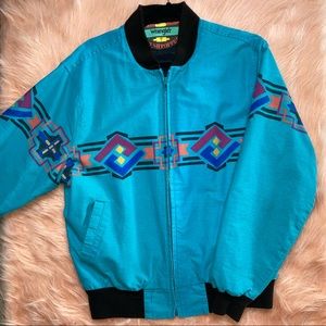 Wrangler Turquoise Vintage Brush Popper Bomber Jacket Aztec Print Medium